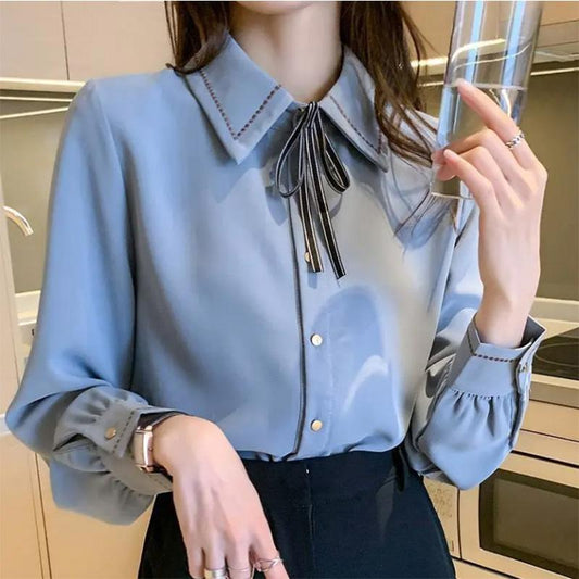 Chiffon Shirt Solid Color Bow Tie Lapel Shirt Ladies Versatile Long Sleeve Bottoming Shirt Commuter