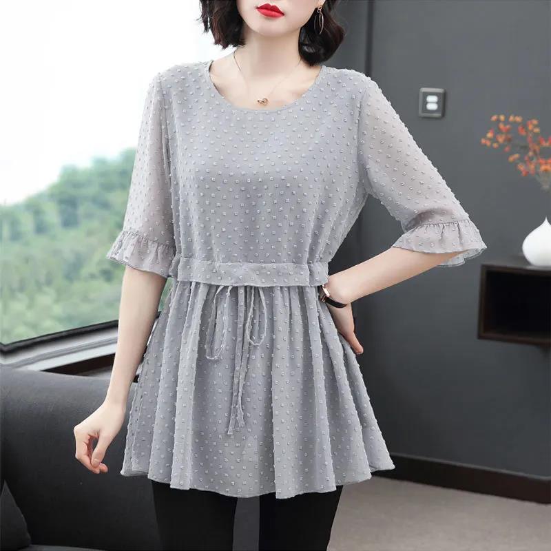 Women's Summer Mid-sleeve Mid-length Lace Shirt Round Neck Large Size Loose T-shirt