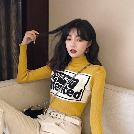Funky Letter Knitwear Turtleneck Slim Fit Bottoming Shirt Solid Color Pullover Sweater Top