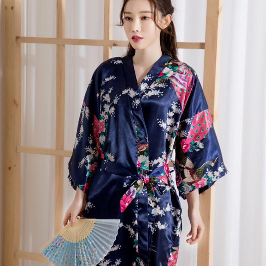 Summer Women's Nightgown Imitation Silk Satin Kimono Bridesmaid Dress Floral Thin Cardigan Dressing Gown Bathrobe