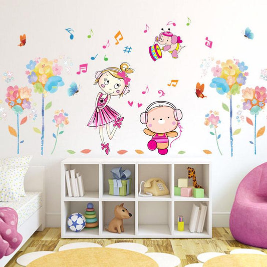 Colorful Flower girl music wall stickers children's room kindergarten decorative wall stickers PVC