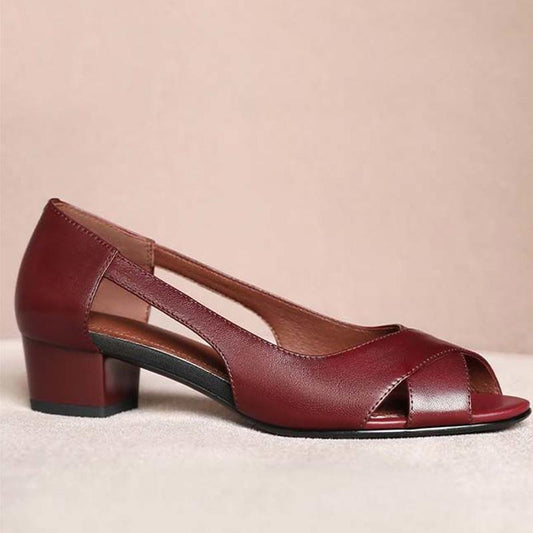 Real Soft Leather Fish Mouth Thick Heel Sandals Spring and Summer New Fashion Hollow Roman Middle Heel Sandals Women