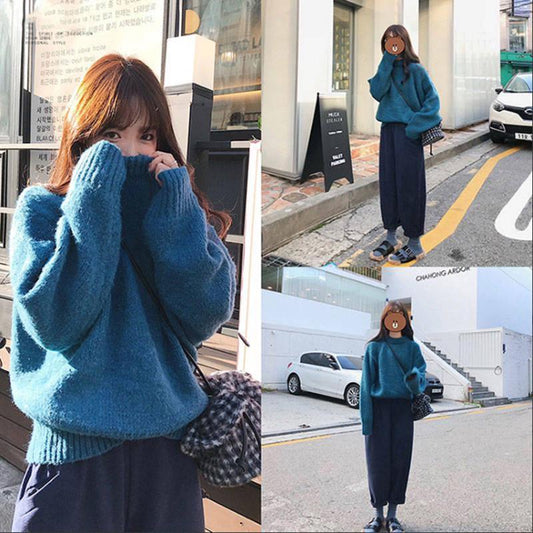 Girly Loose Skin-friendly Sweater Loose Solid Color Crew Neck Bottoming Knitwear ThickenTop