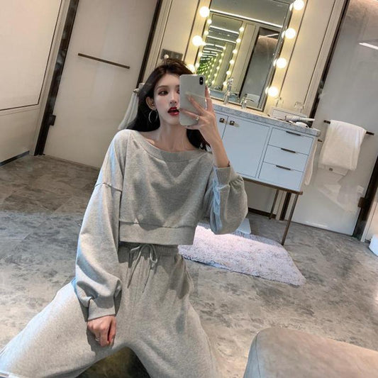 Short Sweater + Thin Wide-leg Pants Two-piece Suit Women's Casual Sports Suit Long-sleeved Short Top Loose Wide-leg Pants