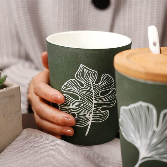 520ml Leaf Pattern Ceramic Coffee Mug with Lid Spoon Large Capacity Frosted Water Cup Office Coffee Tea Cup Kitchen Utensils