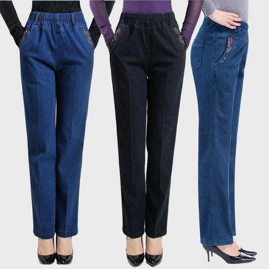 Flower Embroidered Jeans Women's Spring and Autumn Large Size Elastic Denim Pants Casual Trousers High Waist Straight Loose Denim Pants