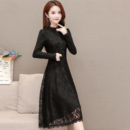 Lace Dress Autumn and Winter Temperament Long-sleeved Bottoming Skirt Waist Slim A-line Mid-length Ladies Dress
