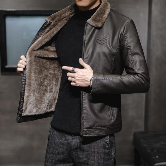 Autumn and Winter Men's Thick Leather Jacket Fashion Windproof Warm Jacket Men's Motorcycle Jacket Bomber Jacket Lapel Top