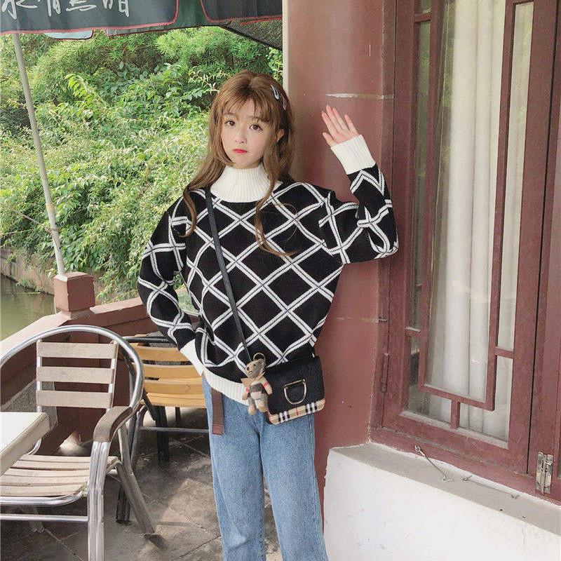 Autumn Winter College Turtleneck Plaid Sweater Female Loose Long Sleeve Pullover Sweater