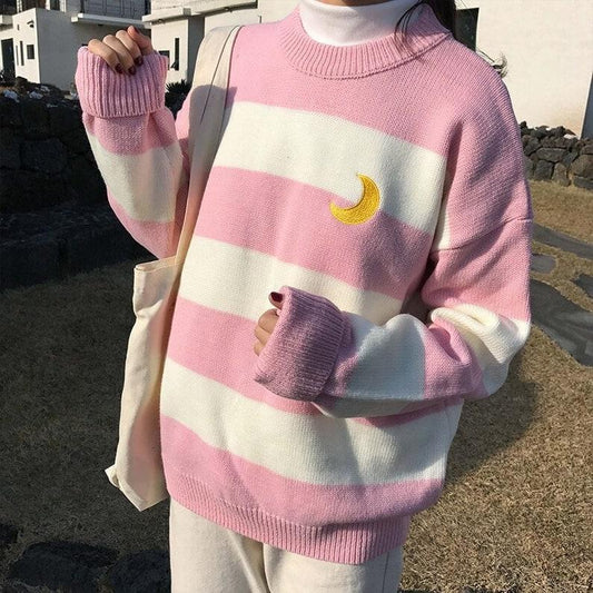Pastel Lilac Sailor Moon Theme Knit Jumper, Candy Color Stripes Moon Sets Embroidery Sweater Harajuku Clothing, Kawaii Clothing Cute Sweater