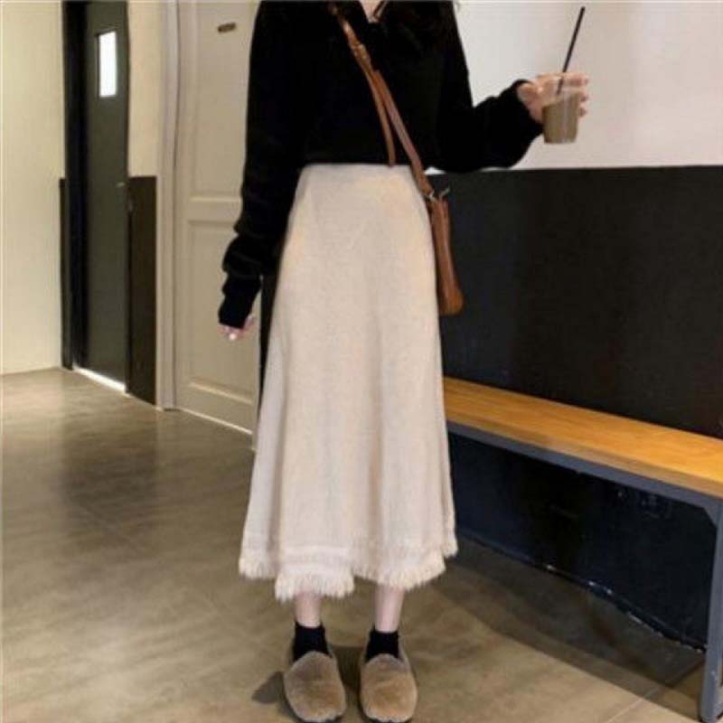 Women's Autumn and Winter Fashion Warm Knitted Skirt Mid-length Woolen Skirt Thick A-line Skirt Long Skirt