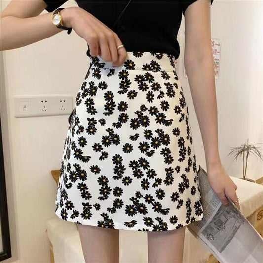 Wrinkled Chrysanthemum Chiffon Skirt Summer Women's Flower Printed Short Skirt A-line High Waist Retro Bag Hip Skirt Thin All Match Casual Mini Skirt