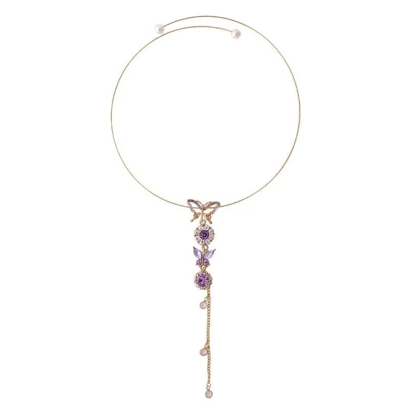 2PCS Purple Butterfly Pendant Necklace Gold Collar Clavicle Chain Neck Neckband Jewelry Gold Choker for Girls Personalized Ornaments Choker Necklaces