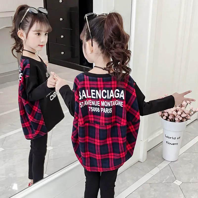 Cotton Girls Round Neck Pullover Letter Plaid Print Sweater Suit Spring and Autumn Children's Casual Two-piece Set