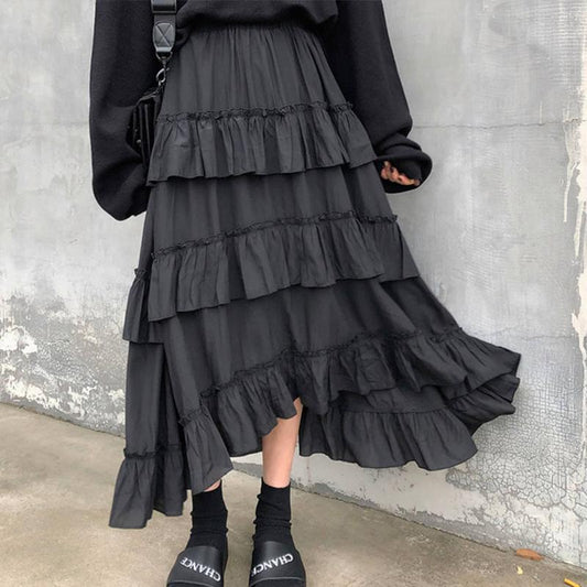 Gothic Skirt Grunge Lolita Ruched Ruffles Aesthetic Skirt Avant Garde Skirt Evening High Fashion Skirt Romantic Skirt Women Black Maxi Skirt