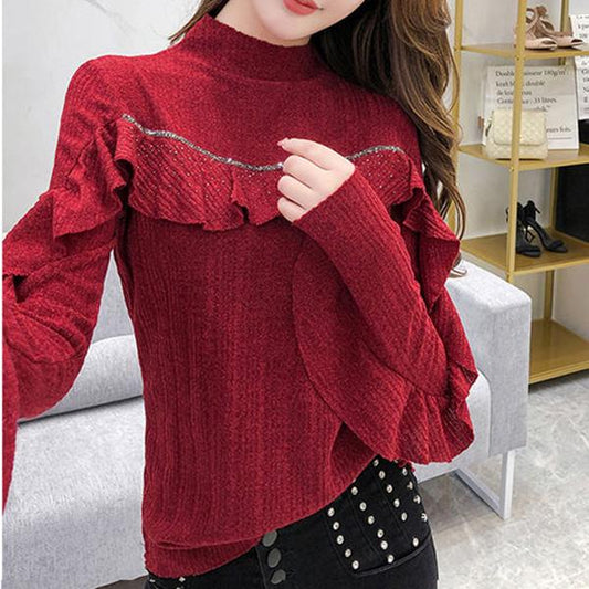 Autumn and Winter Rhinestone Ruffle Sweater Round Neck Long-sleeved Slim Top All-match Knitted Bottoming Shirt