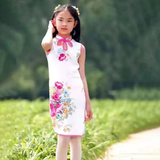 Children Dress Children's Tang Suit Girls Summer Thin Dress Cheongsam Printed Floral Cheongsam Chinese Style Sleeveless Dress