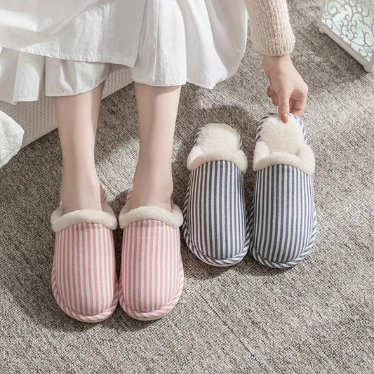 Autumn and Winter Pure Cotton Slippers Striped Design Indoor Non-slip Soft-soled Shoes Warm Simple Plush Cotton Shoes
