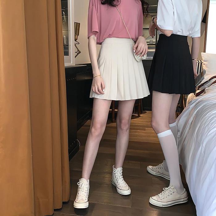 Women High Waist Thin Pleated Skirt College Style Anti-lightening Solid Color Mini A-line Skirt
