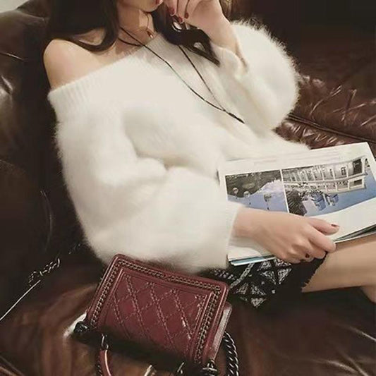 Autumn Winter Mink Velvet Sweater Women Casual Loose One-word Neck Strapless Long-sleeved V-neck Outer Wear Sweater