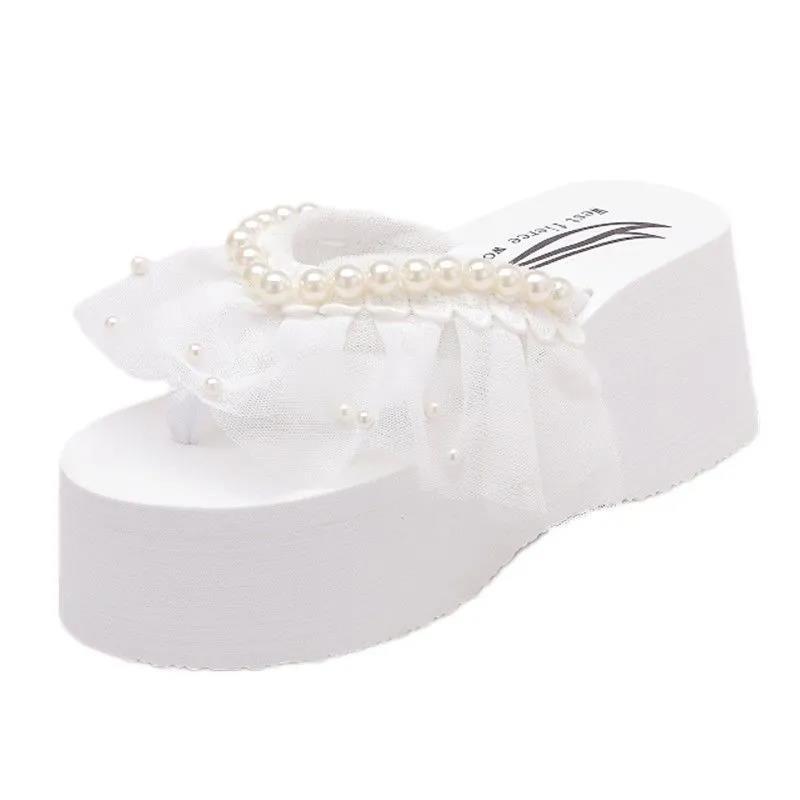 Slippers Female Summer Wear Korean Version of Pearl Flip Flops Thick Bottom Slope Heel Increase Fairy Beach Sandals
