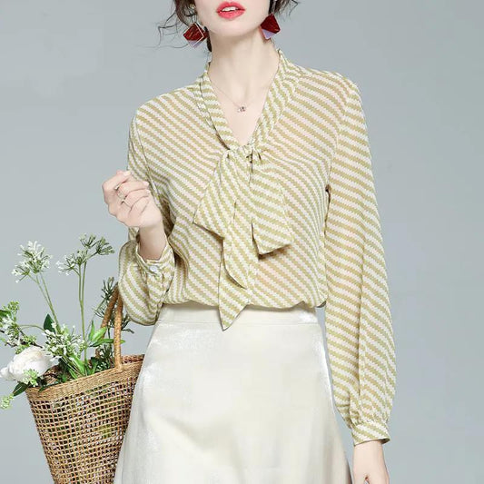 Chiffon Shirt Women's Spring and Autumn Long Sleeve Striped Bow Top