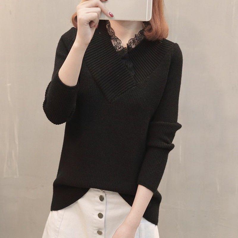 Autumn and Winter Lace V-neck Top Thickened Long-sleeved Knitted Sweater Loose and Versatile Women's Bottoming Shirt
