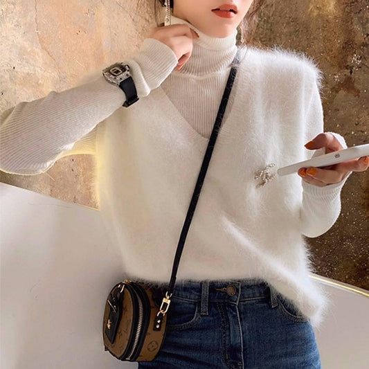 3 Colors Women Chic Vest Faux Mink Cashmere Lazy Loose V-neck Sweater Knitted Tank Top