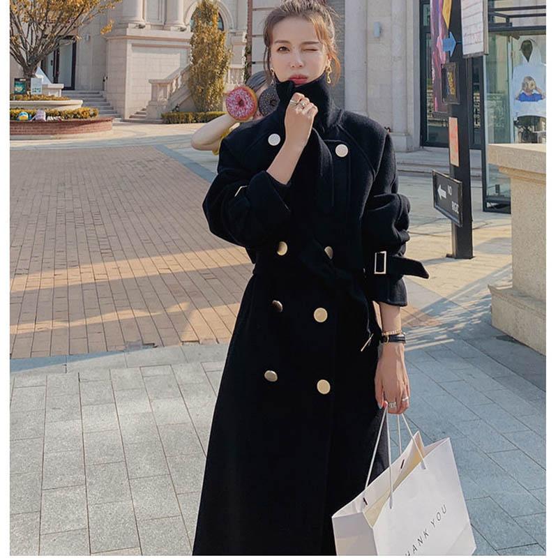 Women's Black Woolen Coat Mid-length Windbreaker with Cotton Thickened Autumn and Winter Jacket Women