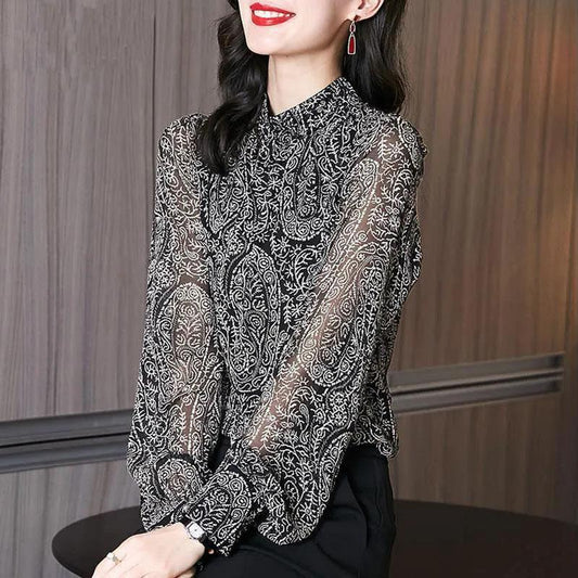 Chiffon Shirt Women's Spring and Autumn Long Sleeve Puff Sleeve Floral Top