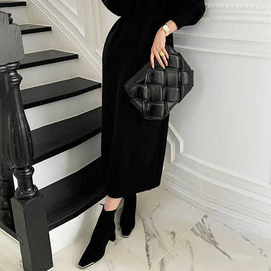 Women Autumn and Winter French Warm Elegant Long-sleeved Lace-up Sweater Base Dress