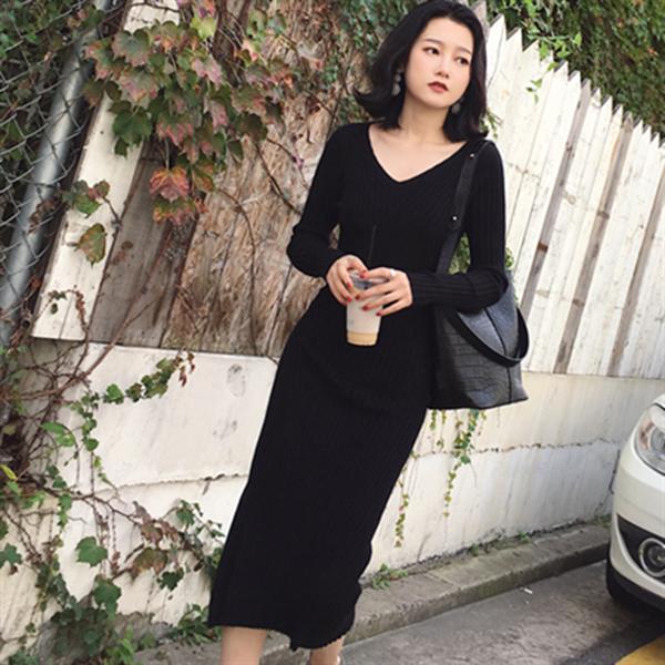 Autumn and Winter V-neck Slim Bottoming Shirt Knitted Long Dress Long Sleeve Mid-length Female Sweater Dress