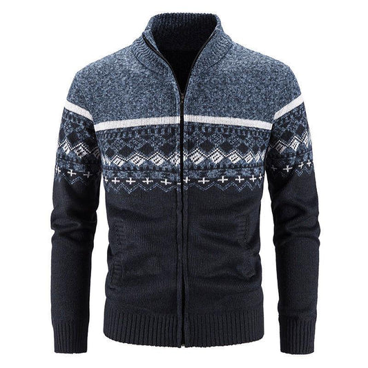 Men's Sweater Stitching Plus Fleece Warm Zipper Sweater Autumn and Winter Coat Loose Cardigan Sweater