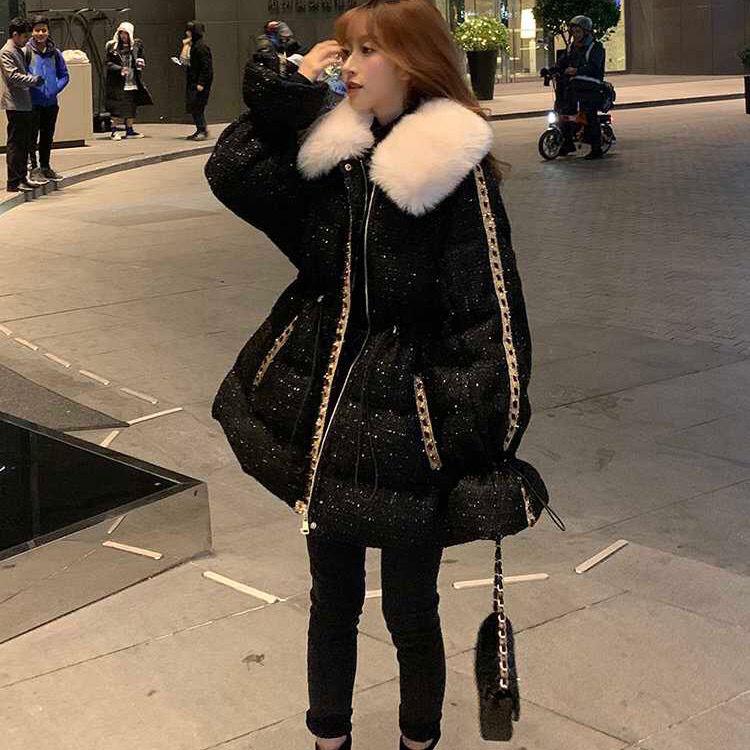 Winter Jacket Women's Cotton-padded Clothes Mid-length Loose-fitting Bright-faced Large Fur Collar Waist Thin Down Cotton-padded Coat