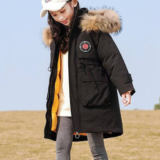 Girls' Warm Winter Clothes Mid-length Windproof Quilted Jacket Thicken Plus Velvet Winter Cotton Clothing