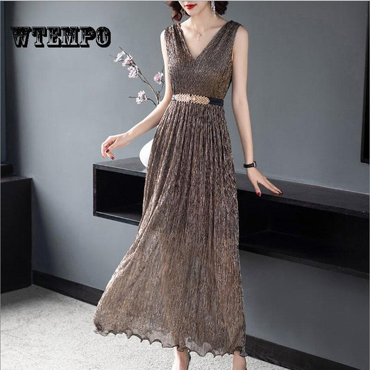 WTEMPO Long Dress Female V-neck Sexy Dresses Summer Thin Pleated High Waist Vest Clothing