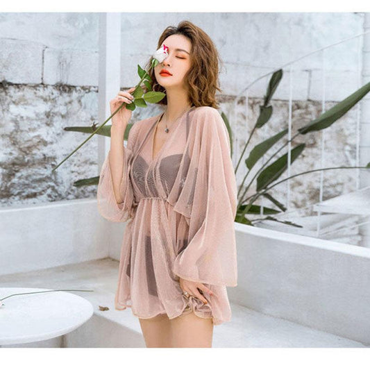 Women's Swimsuit Three-piece Set Bikini Separate Sexy Cover Belly Thin Conservative Swimsuit Korean Ins Style Camisole Top Pleated Shorts Sheer Blouse