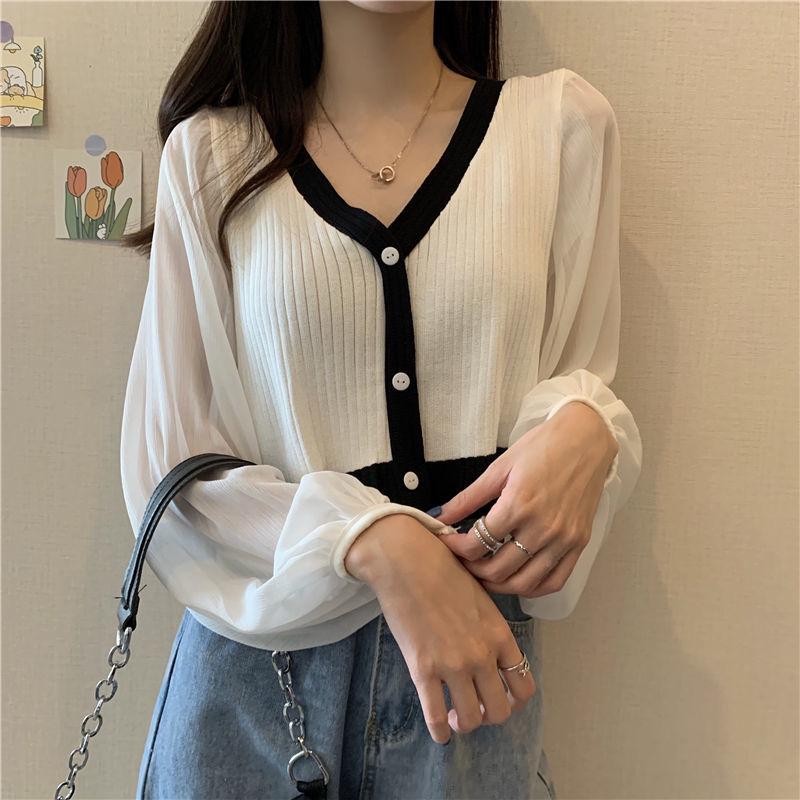 Autumn Contrast Color Sweater Stitching Chiffon V-neck Thin Student Lantern Sleeve Women