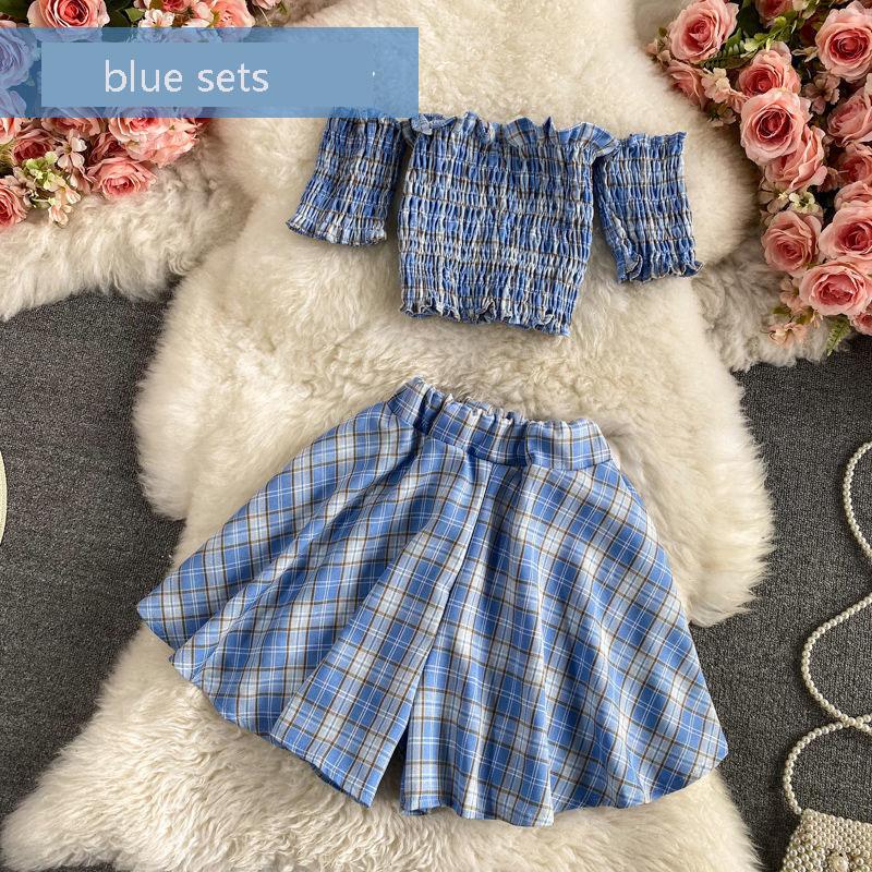 2pcs/set Women Sexy Skirt Suit Sexy Off-shoulder Crop Top + Mini Skirt Two-piece Set Female Plaid Outfits