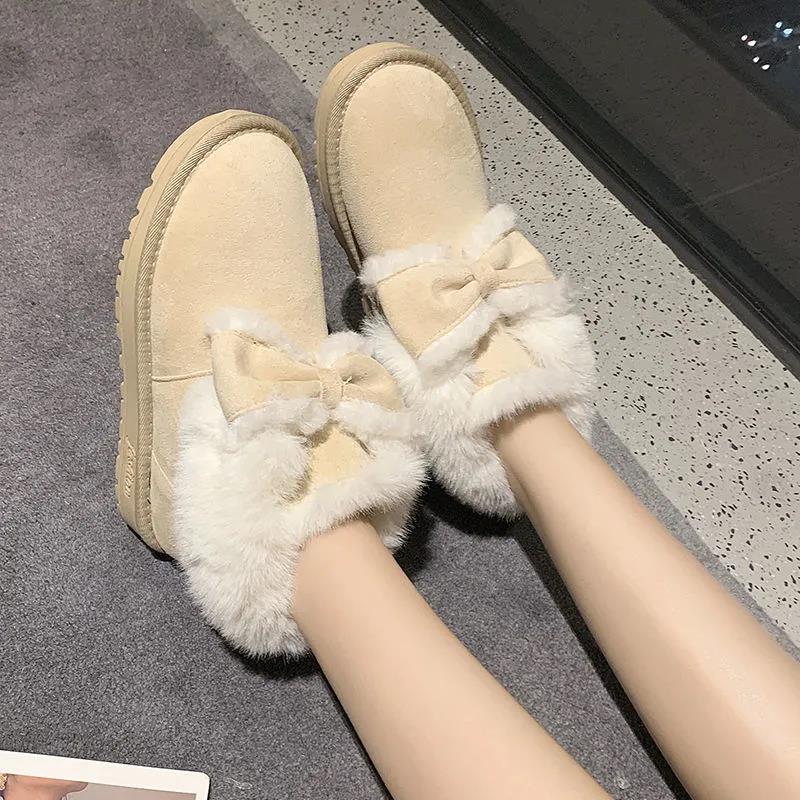 Snow Boots Women's Winter Bowknot Students Cute and Velvet To Keep Warm Wearing Thick-soled Non-slip Cotton Shoes