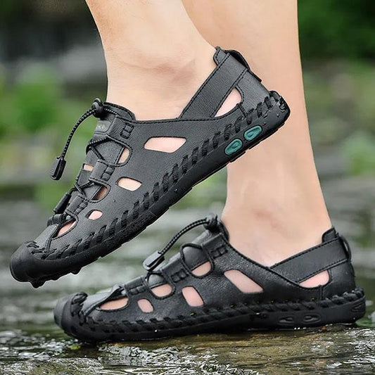 Men's Genuine Cowhide Leather Toe Sandals Outdoor Casual Sandals Beach Shoes Hole Sandals Roman Shoes Waterproof Sport Sandals