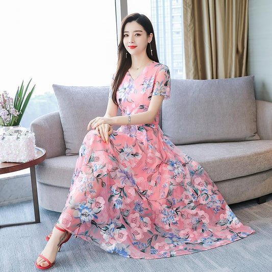 Chiffon Print Dress Summer V-neck Long Women's Thin Large Size Beach Skirt Large Skirt Elegant Temperament Dance Mid-length Skirt