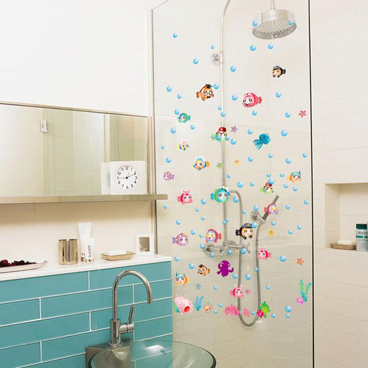 Cartoon sea bottom colorful bubble fish children room kindergarten bathroom sticker