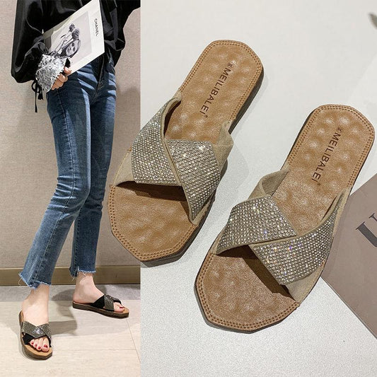 Slippers Female Summer Wear 2020 with Drill Soft Bottom Non-slip Simple Wild Flat Bottom Tendon Bottom Sandals