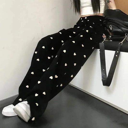 Drooping Loose Wide-leg Pants Women's Summer Heart Print Casual Pants Thin All-match High-waisted Straight-leg Pants Mopping Trousers