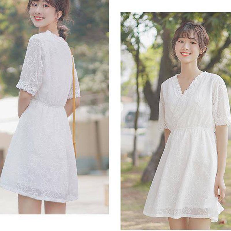 Summer V-neck Elastic Waist Lace Dress Half Sleeve Above Knee Loose Beach Party Dress