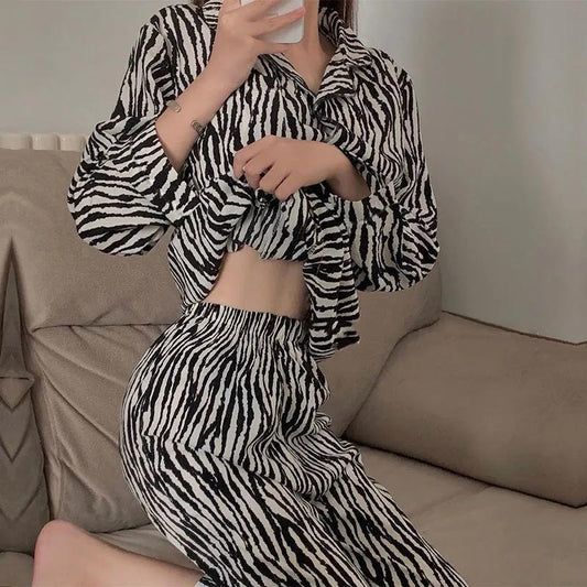 Women's Autumn Winter Sexy Leopard Printing Pajamas Long-sleeved Lapel Loose Homewear Suit Casual Out Wear Pyjamas Set Female Comfortable Nightgowns