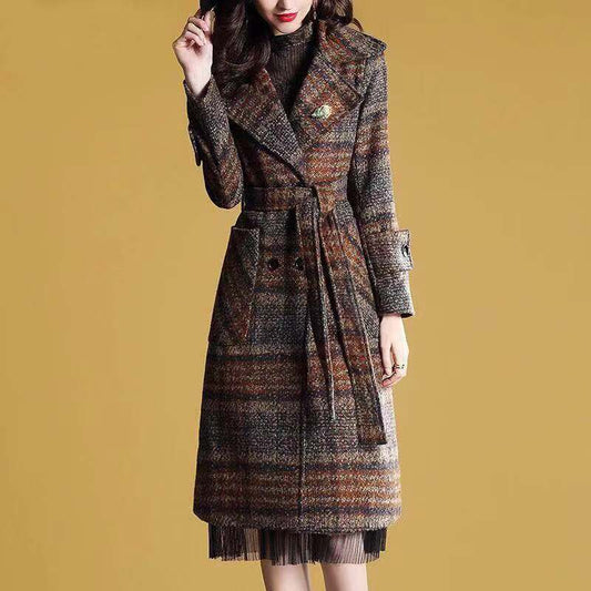 Fashion Over-knee Autumn and Winter Plaid Woolen Coat Mid-length Slim-fitting Belted Woolen Coat Women
