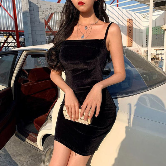 French Sexy Sling Black Dress Temperament Slim Slimming Buttocks Short Skirt Spring Summer Velvet Dress