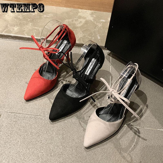 High Heels Women's Lace-up Hollow Sandals Pointed Toe Solid Color Non-slip Soles Soft and Comfortable